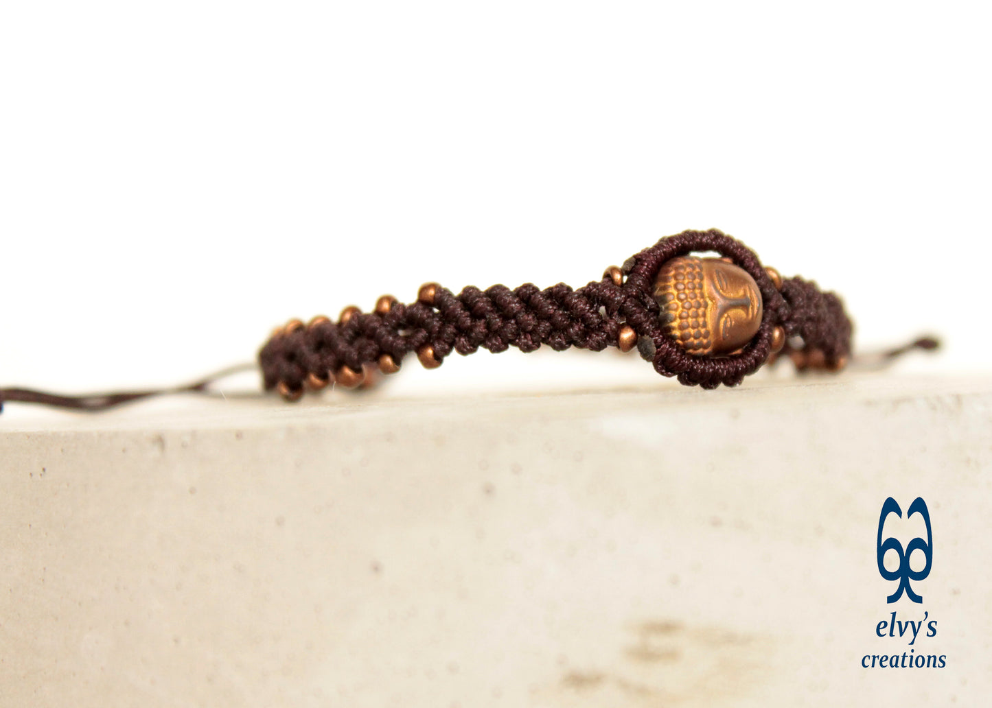 Handmade Brown Macrame Bracelet Adjustable Cuff with Natural Bronze Hematite Buddha for Women