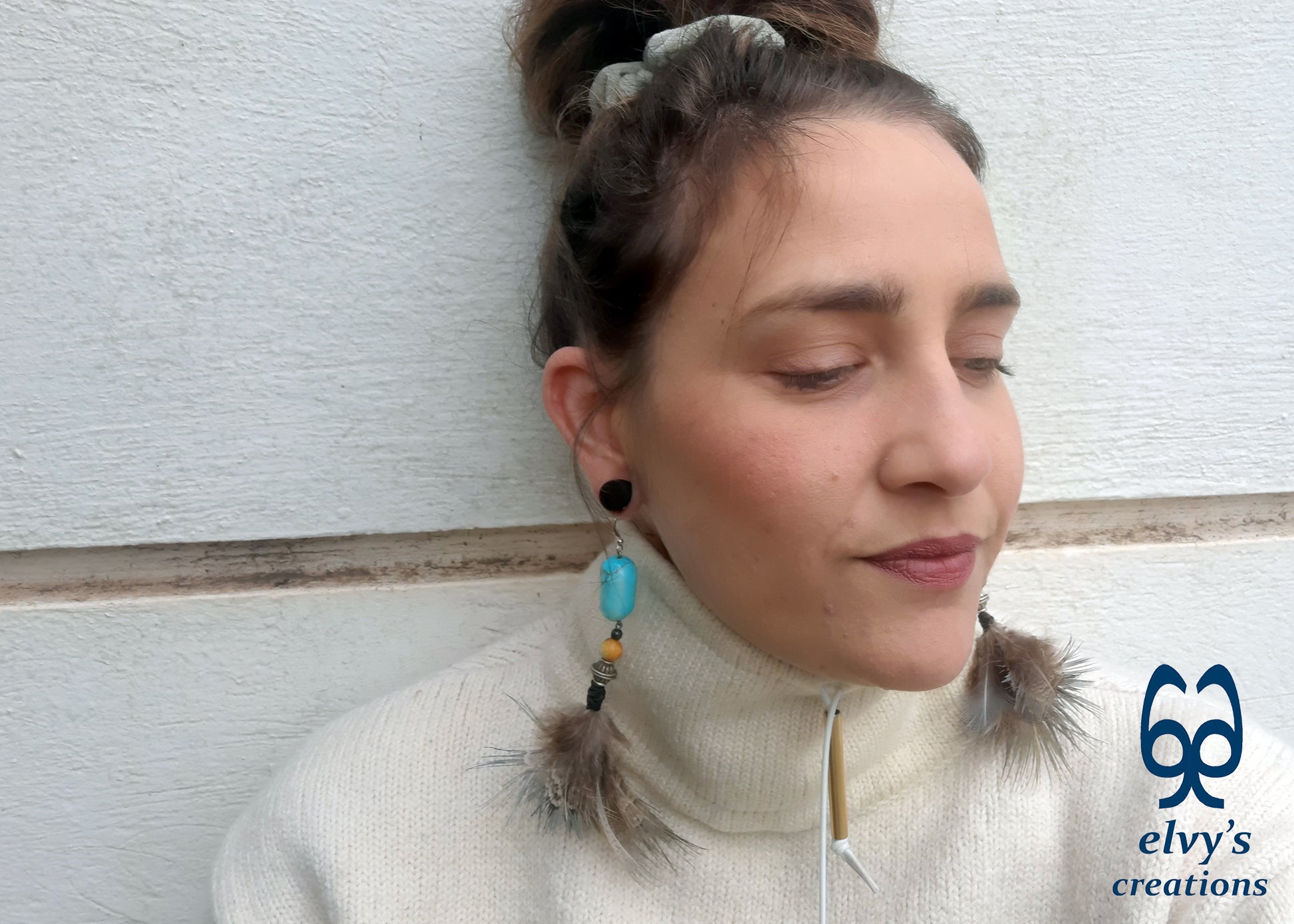 Turquoise Howlite Earrings with yellow Agate Jewelry with Natural Peacock Feathers Boho Jewelry Gift for her