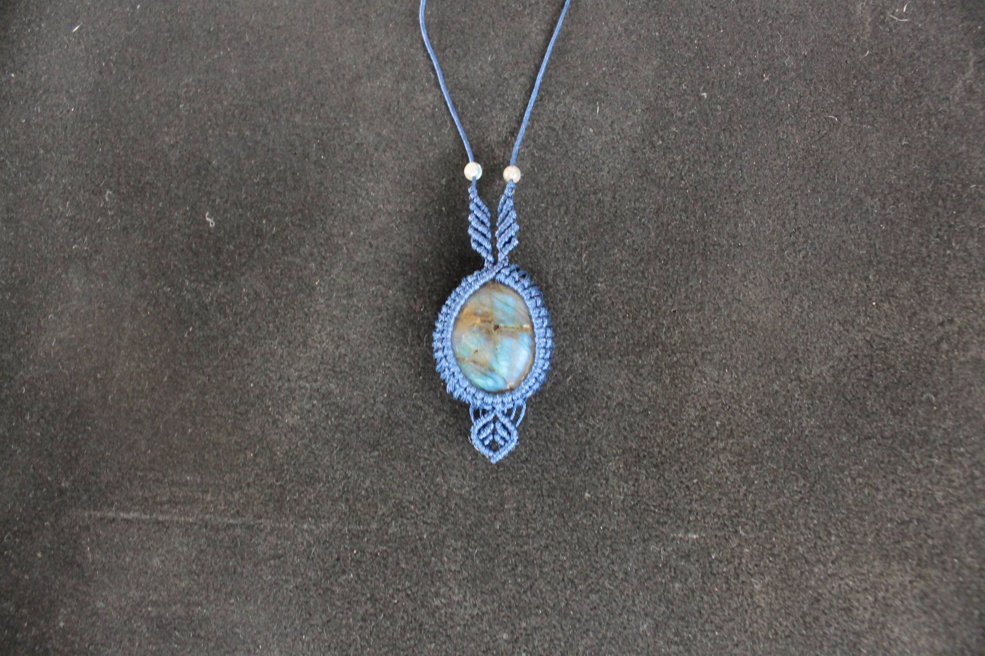 Blue Macrame Necklace Labradorite Pendant Lace Macrame Wrapped Gemstone