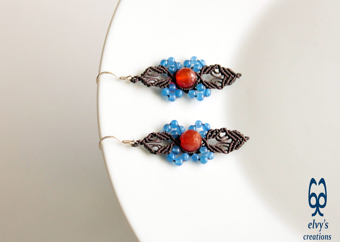 Brown Macrame Blue Jade and Orange Carnelian Micromacrame Beaded Earrings