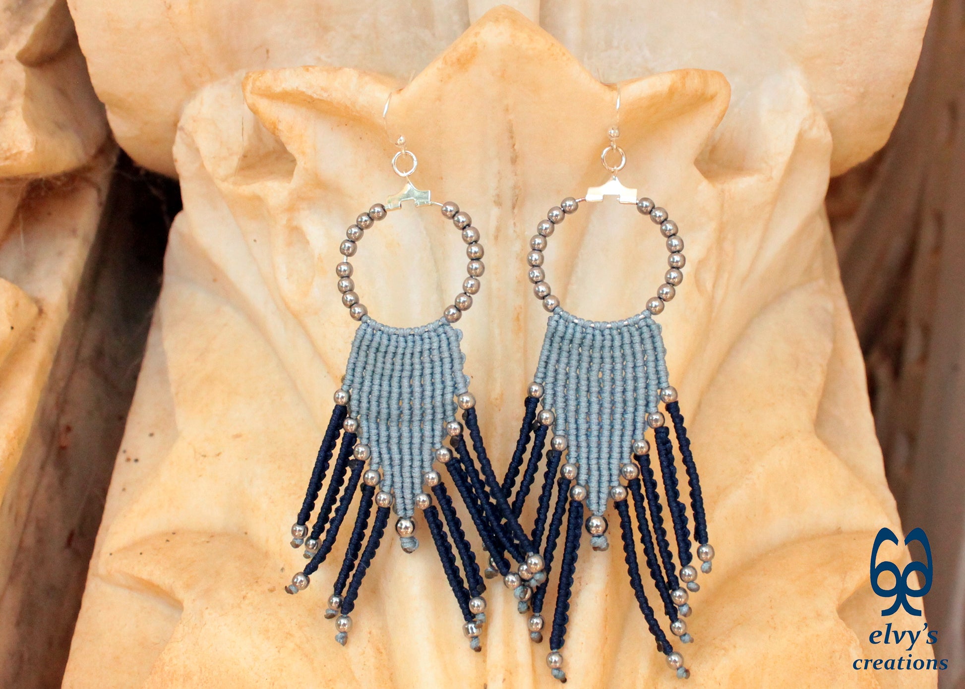 Handmade Macrame Earrings, Hematite Gemstone Bead Hoop Earrings, Unique Birthday Gift for Women