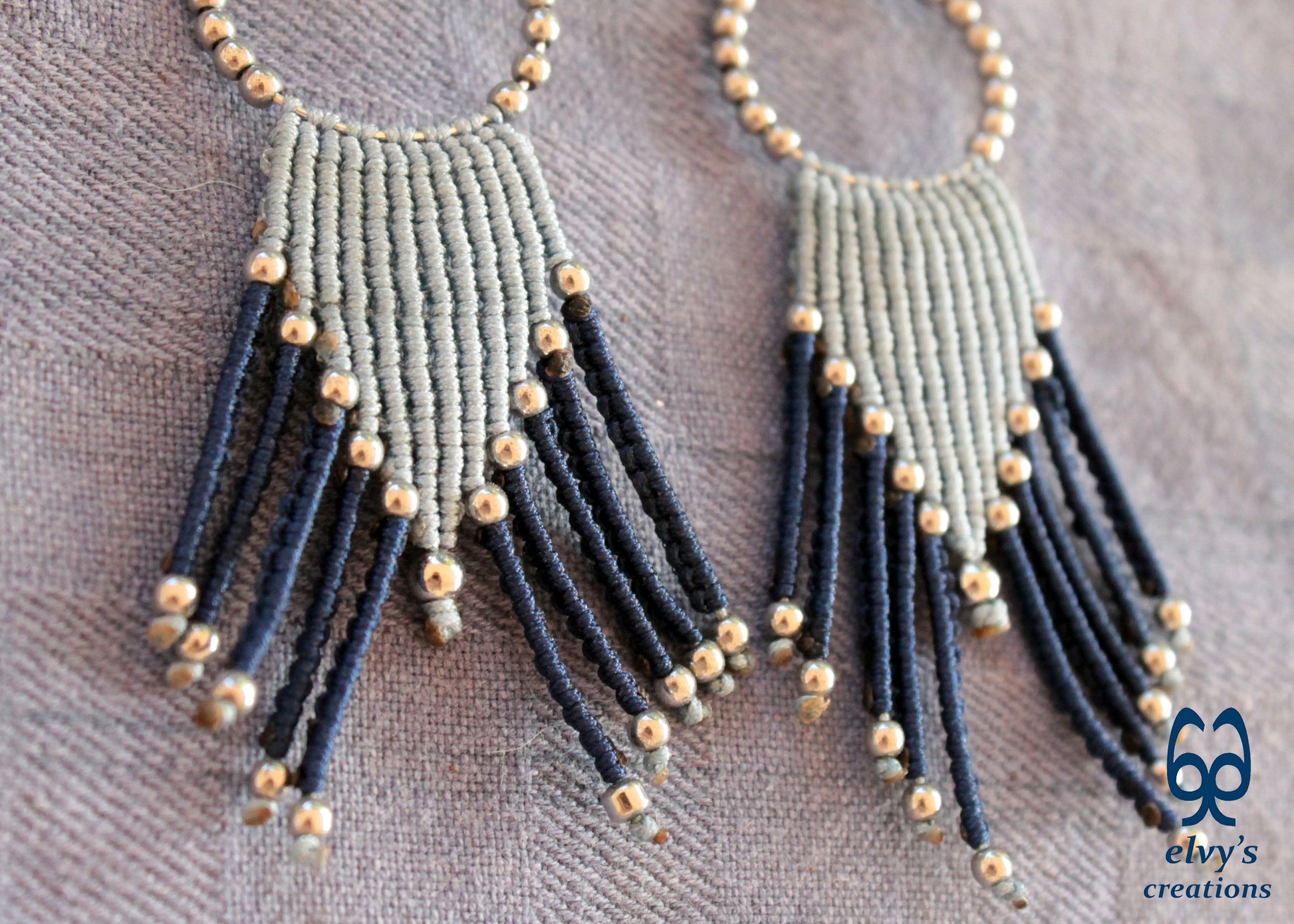 Handmade Macrame Earrings, Hematite Gemstone Bead Hoop Earrings, Unique Birthday Gift for Women