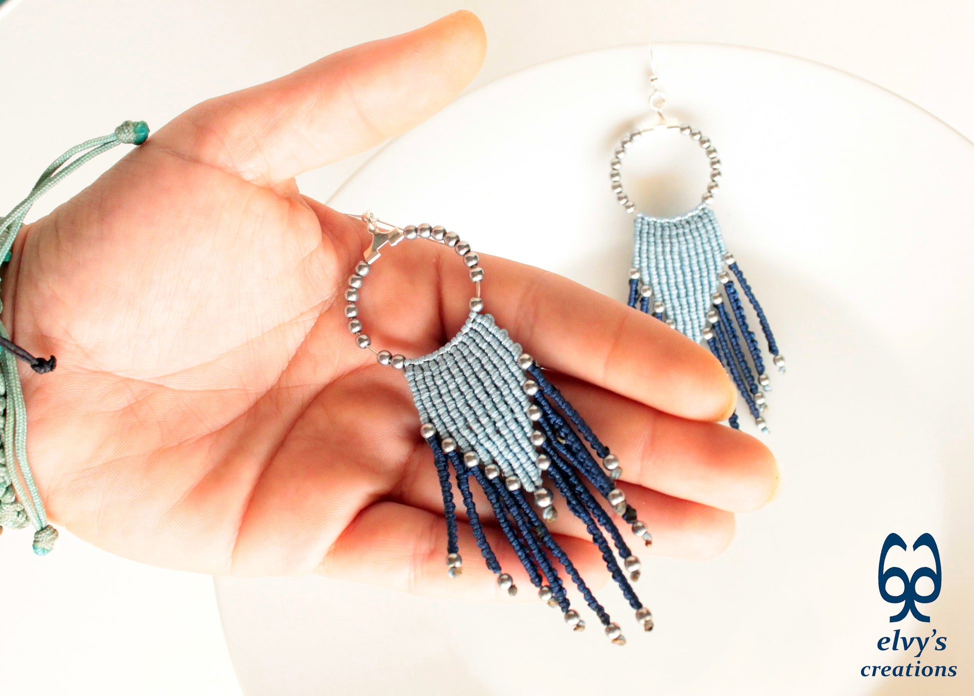 Blue Macrame Hoops with Silver Hematite Gemstones Blue Hoops Dangle Chandelier Silver Earrings