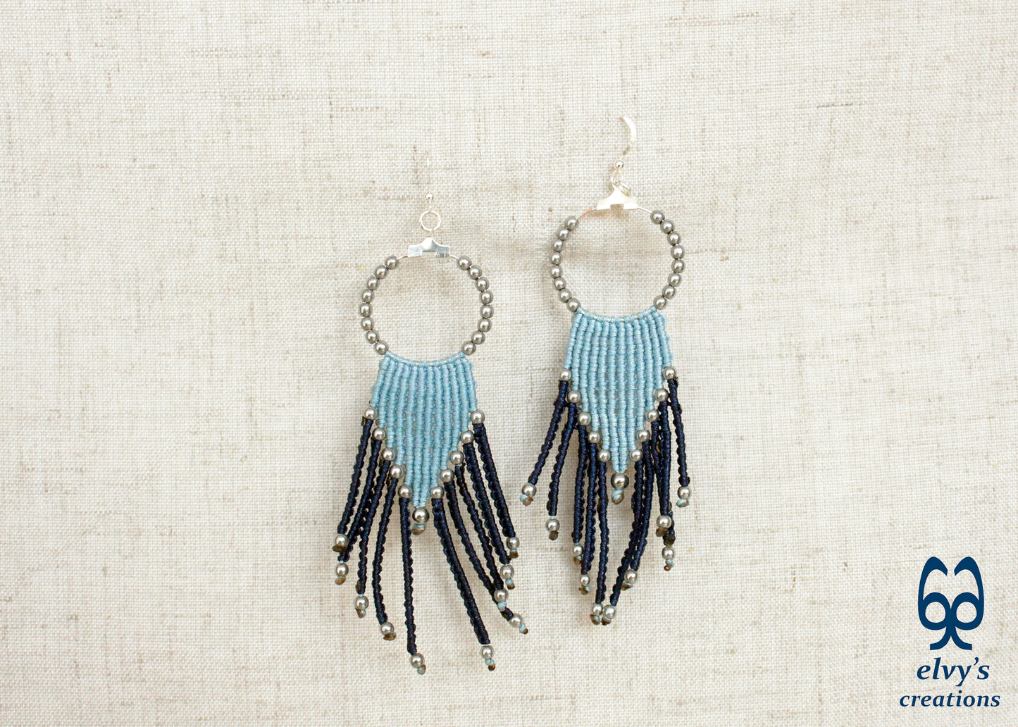 Blue Macrame Hoops with Silver Hematite Gemstones Blue Hoops Dangle Chandelier Silver Earrings
