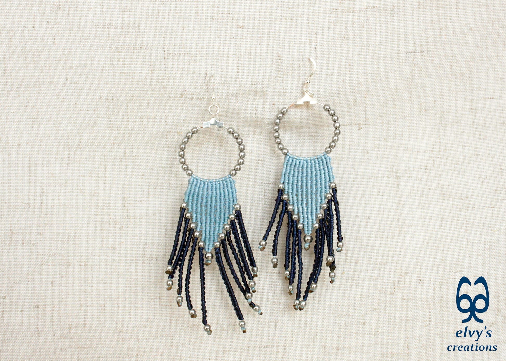 Blue Macrame Hoops with Silver Hematite Gemstones Blue Hoops Dangle Chandelier Silver Earrings