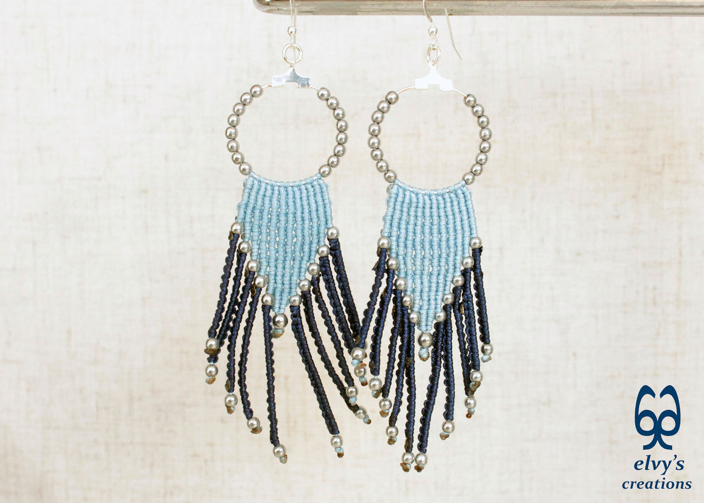 Blue Macrame Hoops with Silver Hematite Gemstones Blue Hoops Dangle Chandelier Silver Earrings