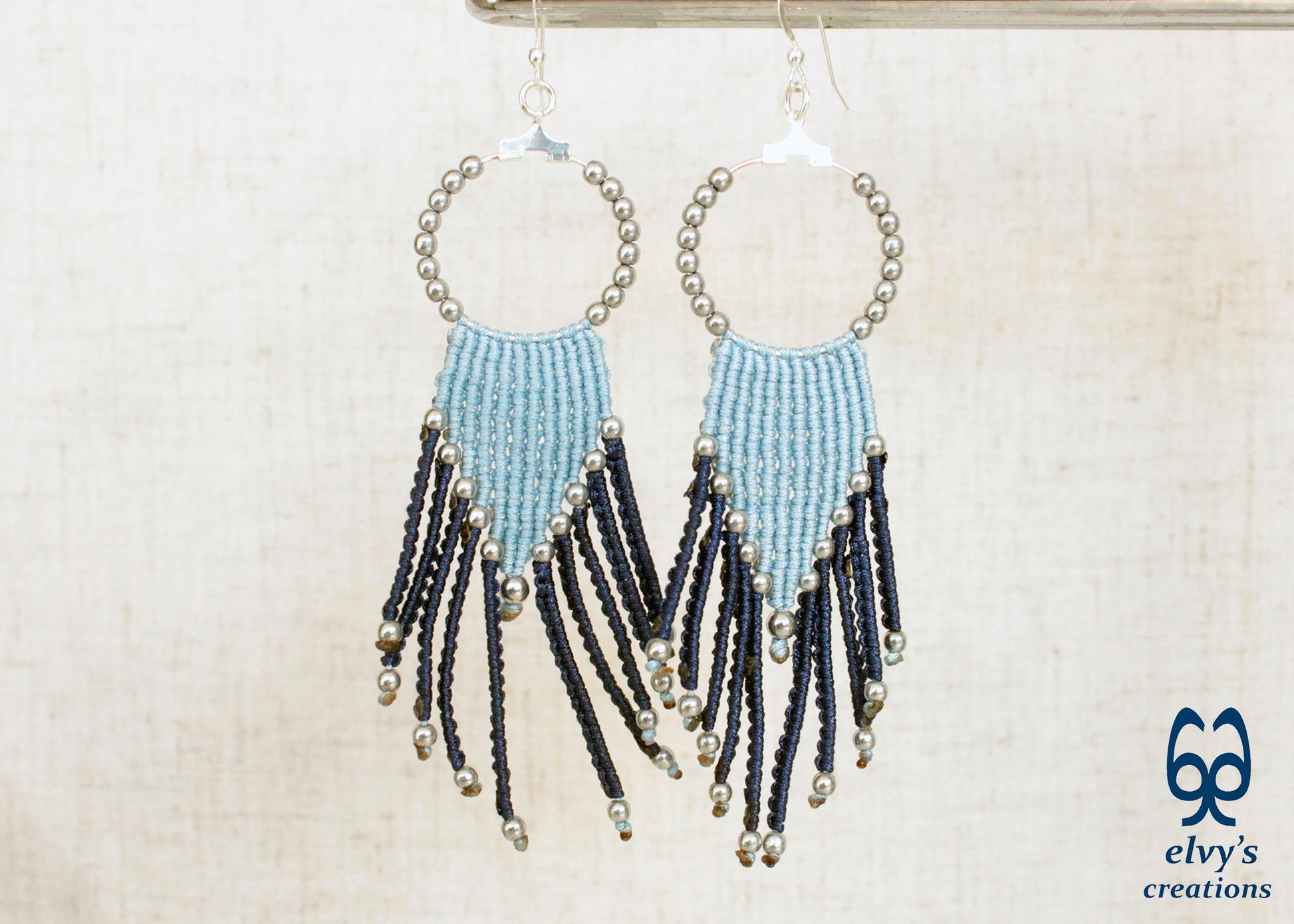 Blue Macrame Hoops with Silver Hematite Gemstones Blue Hoops Dangle Chandelier Silver Earrings