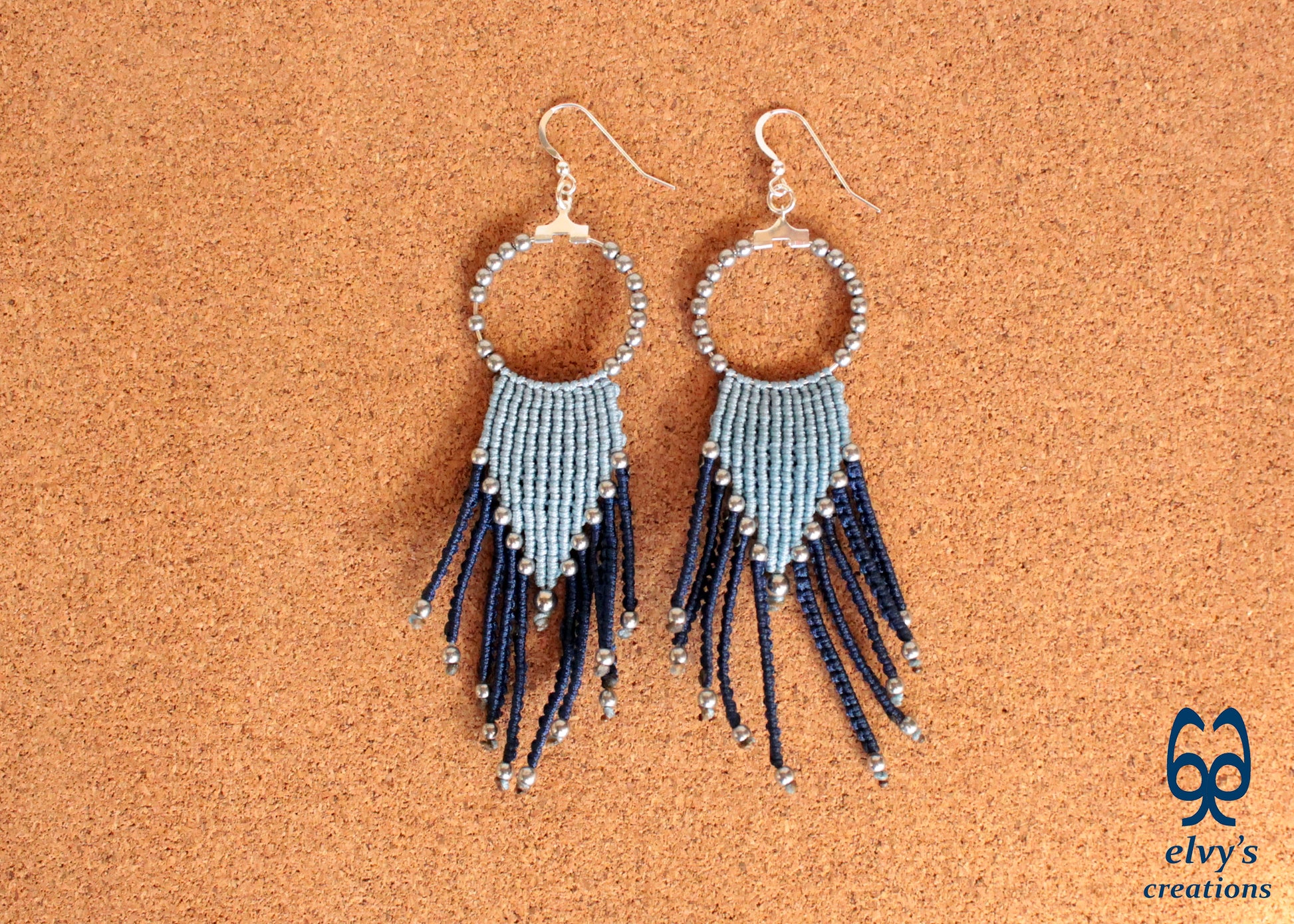 Blue Macrame Hoops with Silver Hematite Gemstones Blue Hoops Dangle Chandelier Silver Earrings