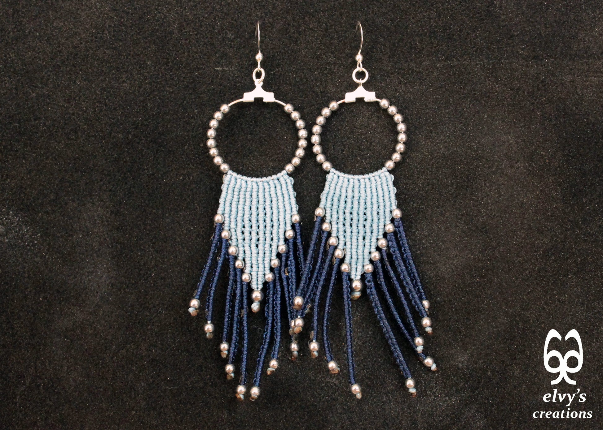 Blue Macrame Hoops with Silver Hematite Gemstones Blue Hoops Dangle Chandelier Silver Earrings