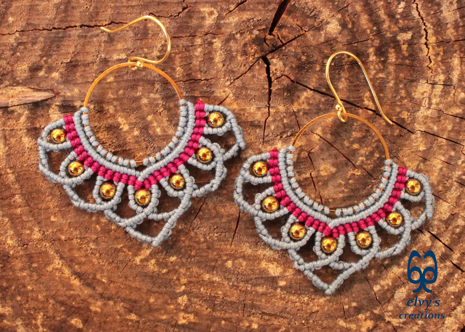 White Macrame Earrings with Hematite Gemstones Lotus Gold Hoop Earrings