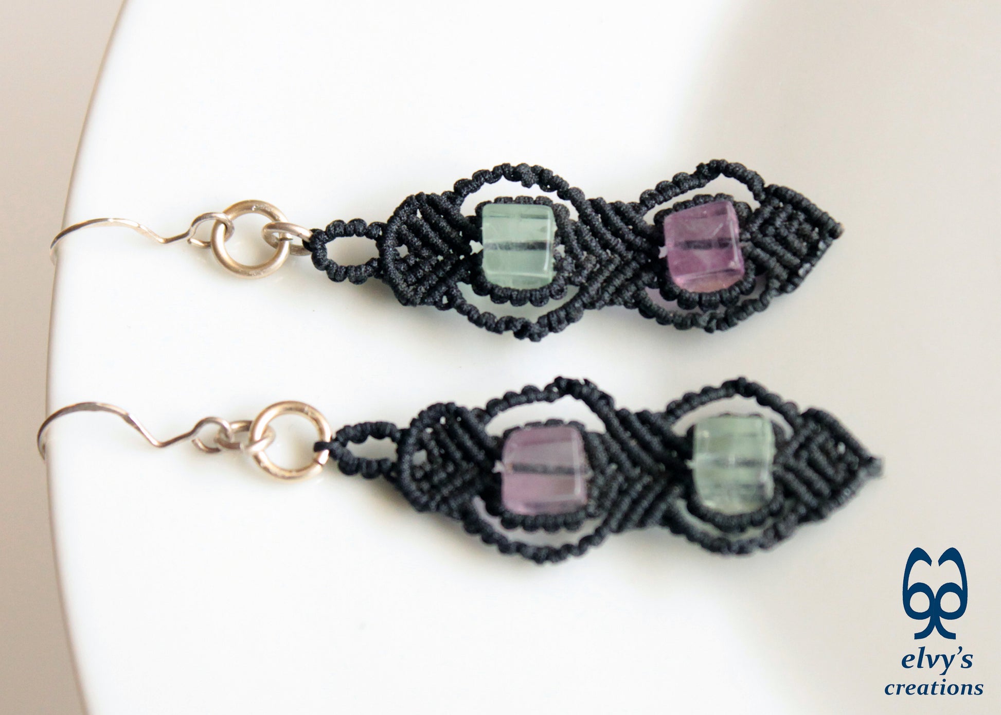 Handmade Silver Macrame Earrings,Fluorite Gemstone Beaded Earrings,Birthday Gift for Women