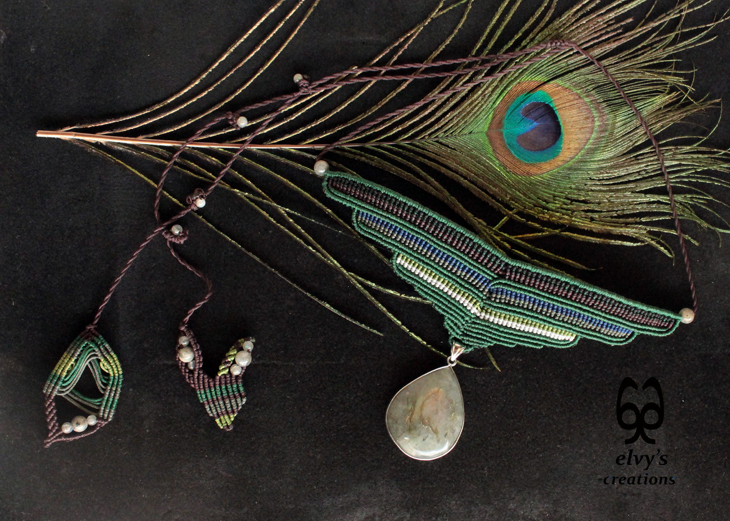 Labradorite Gemstone Necklace Green Macrame Choker Multi color Pendant