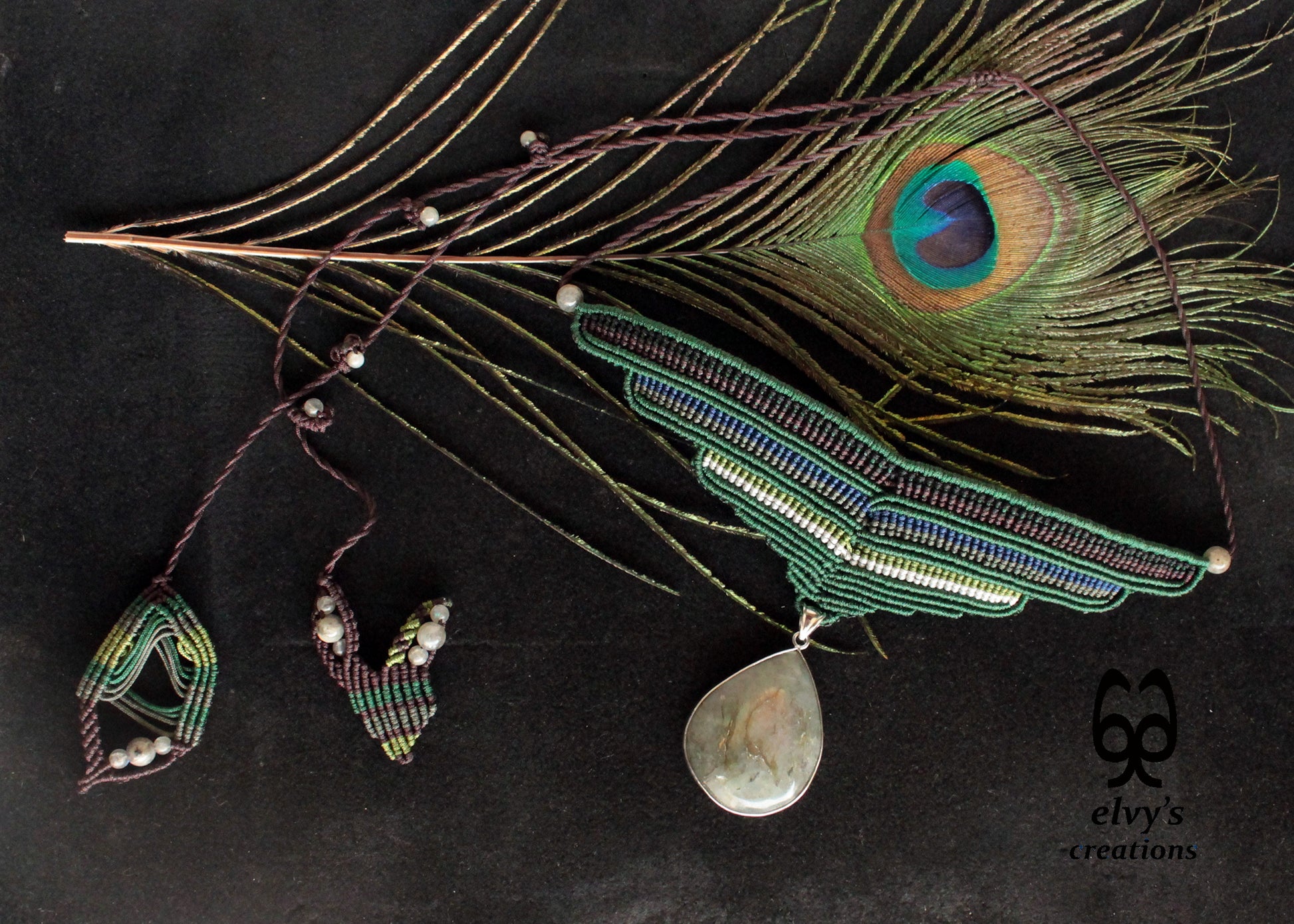 Labradorite Gemstone Necklace Green Macrame Choker Multi color Pendant