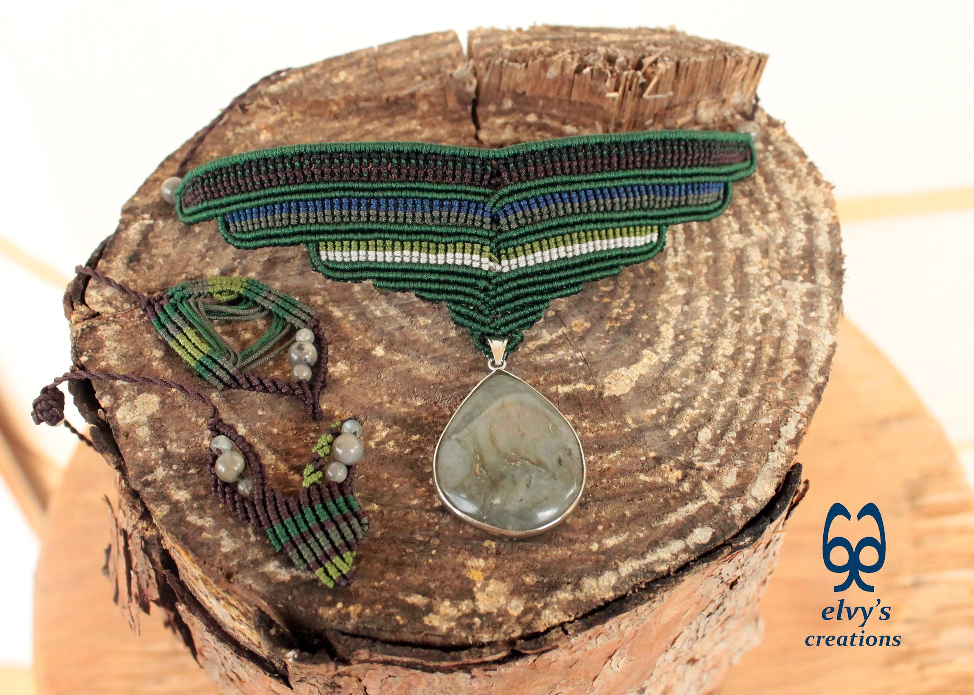 Labradorite Gemstone Necklace Green Macrame Choker Multi color Pendant