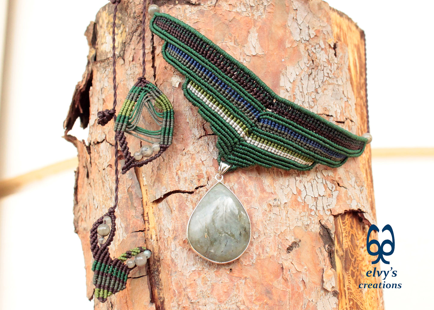 Labradorite Gemstone Necklace Green Macrame Choker Multi color Pendant