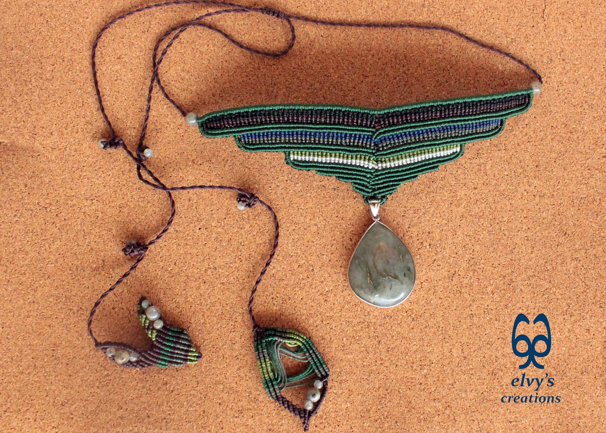 Labradorite Gemstone Necklace Green Macrame Choker Multi color Pendant