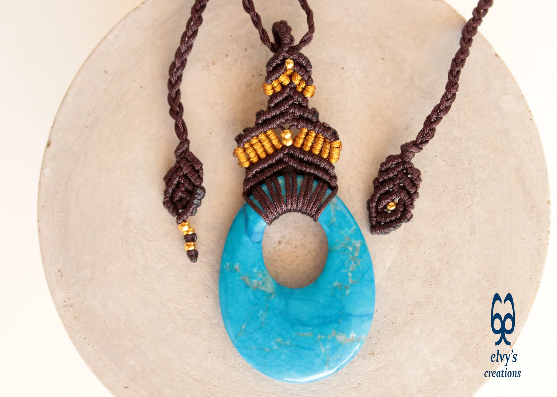 Unisex Turquoise Necklace Woven Macrame Pendant