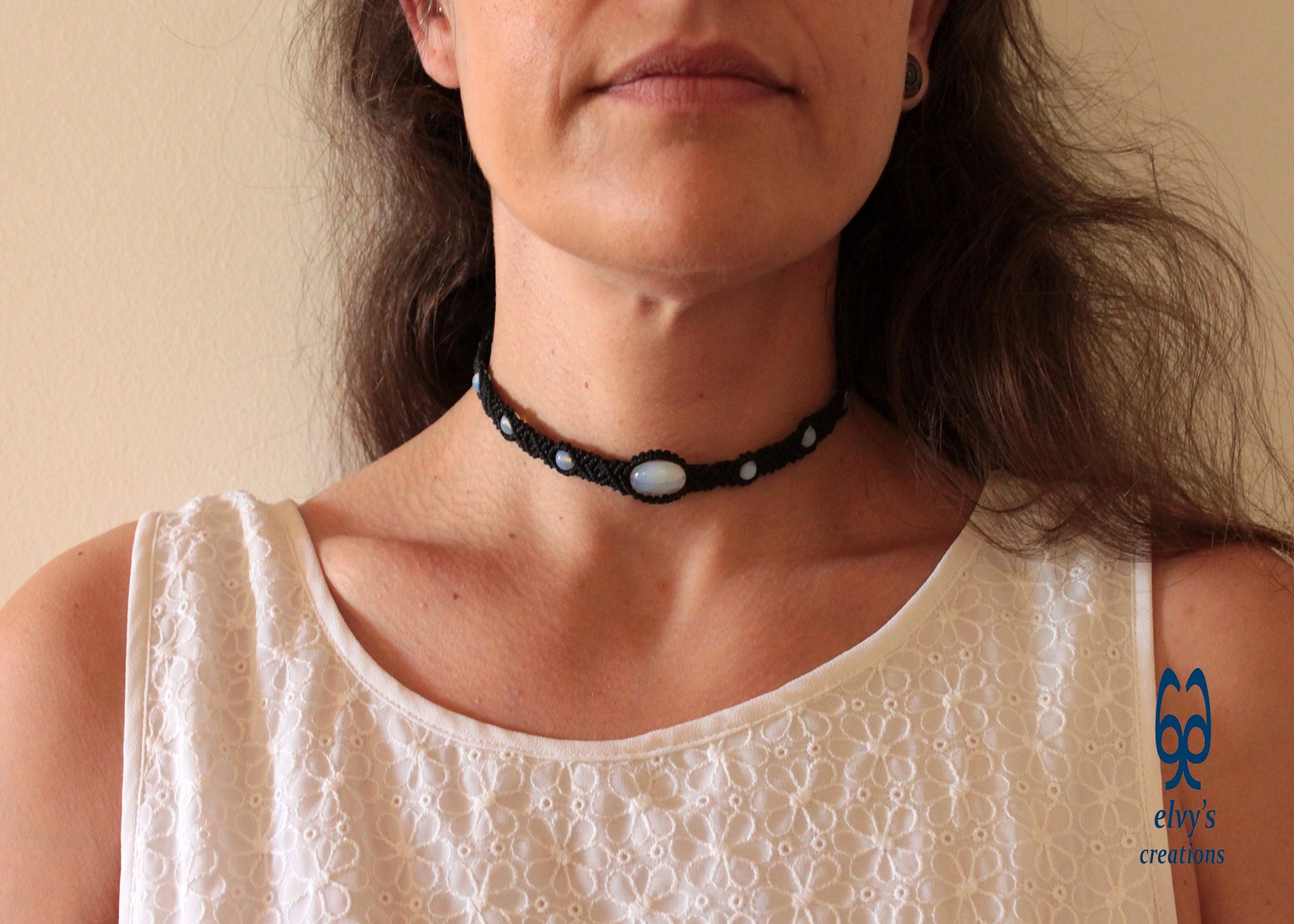 Black Macrame Choker Necklace With Moonstones for women Beaded Gemstones Unisex 