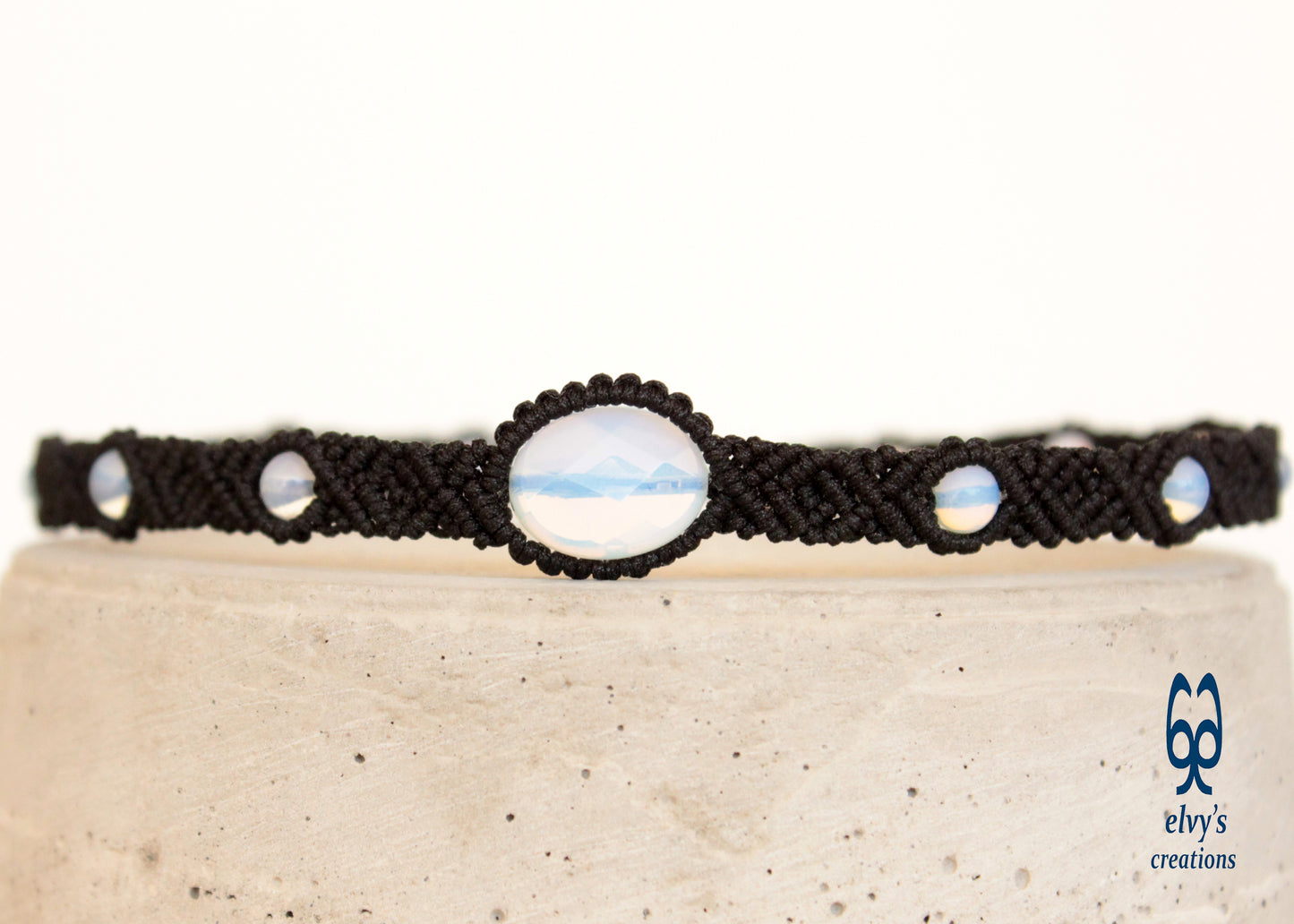 Black Macrame Choker Necklace With Moonstones for women Beaded Gemstones Unisex 