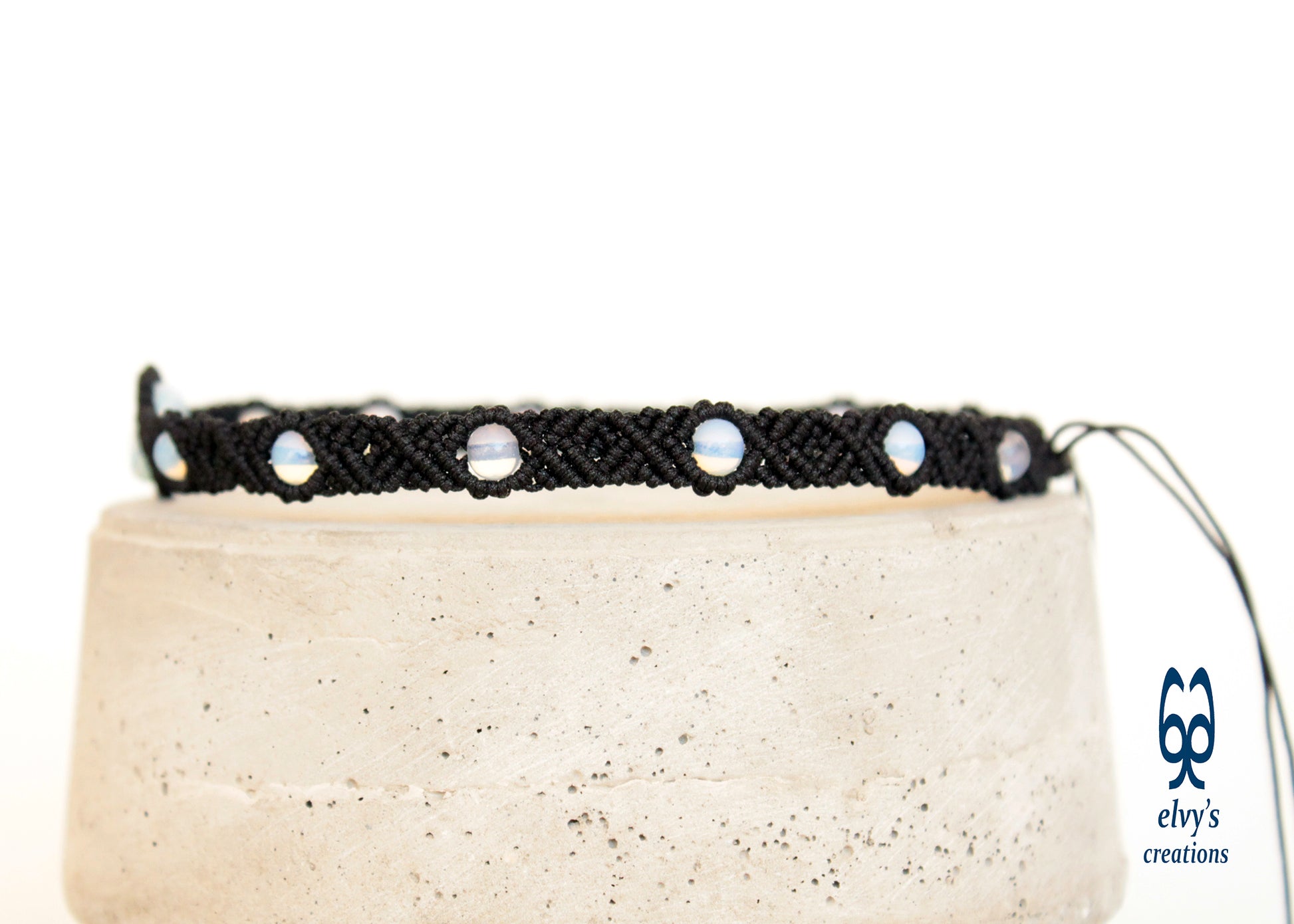 Black Macrame Choker Necklace With Moonstones for women Beaded Gemstones Unisex 