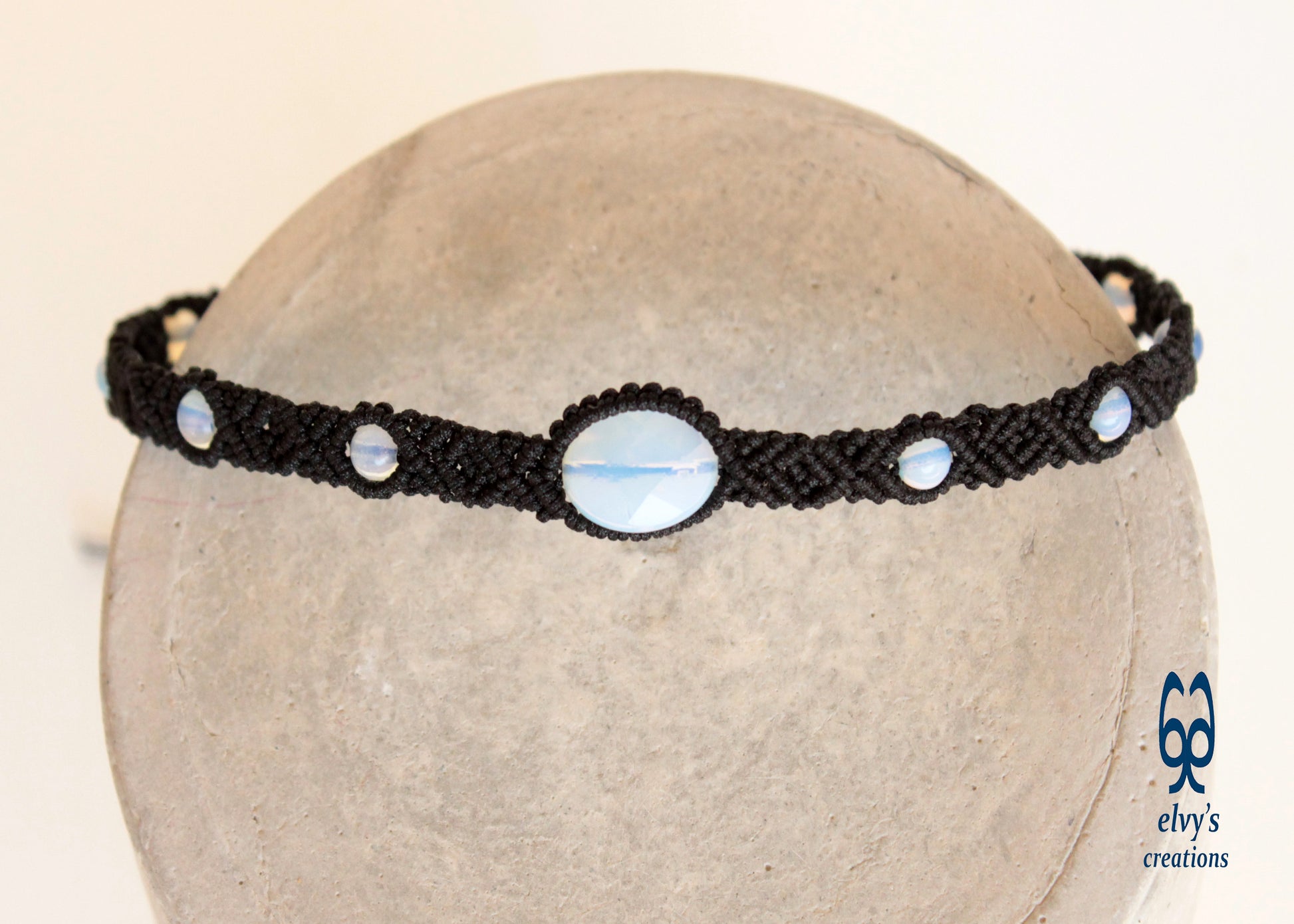 Black Macrame Choker Necklace With Moonstones for women Beaded Gemstones Unisex 