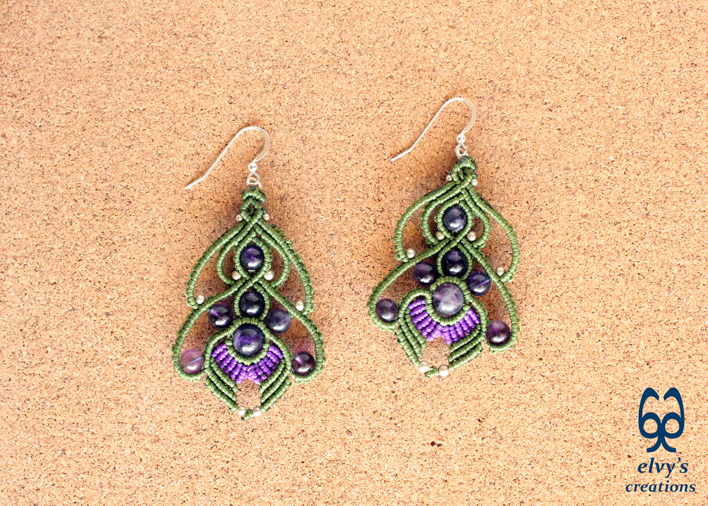 Handmade Macrame Earrings Green and Purple Macrame Earrings with Amethyst Gemstones 