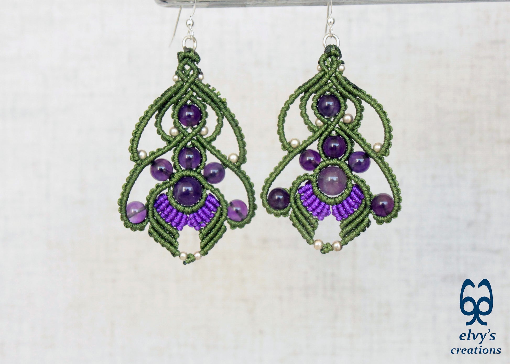 Handmade Macrame Earrings Green and Purple Macrame Earrings with Amethyst Gemstones 