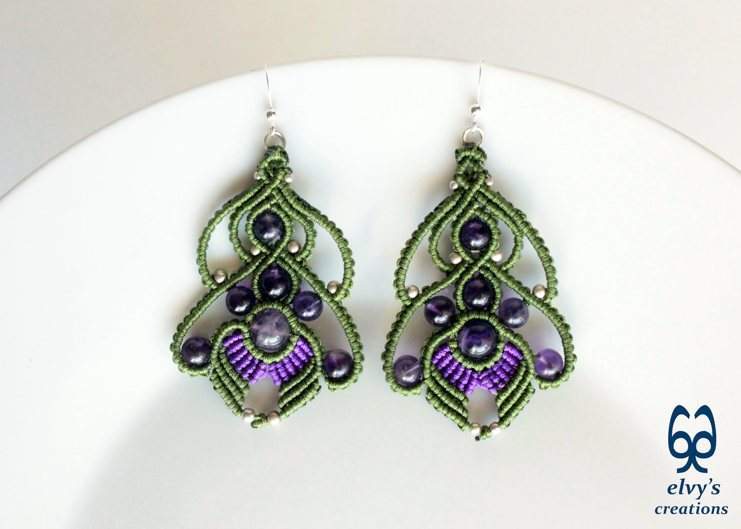 Handmade Macrame Earrings Green and Purple Macrame Earrings with Amethyst Gemstones 