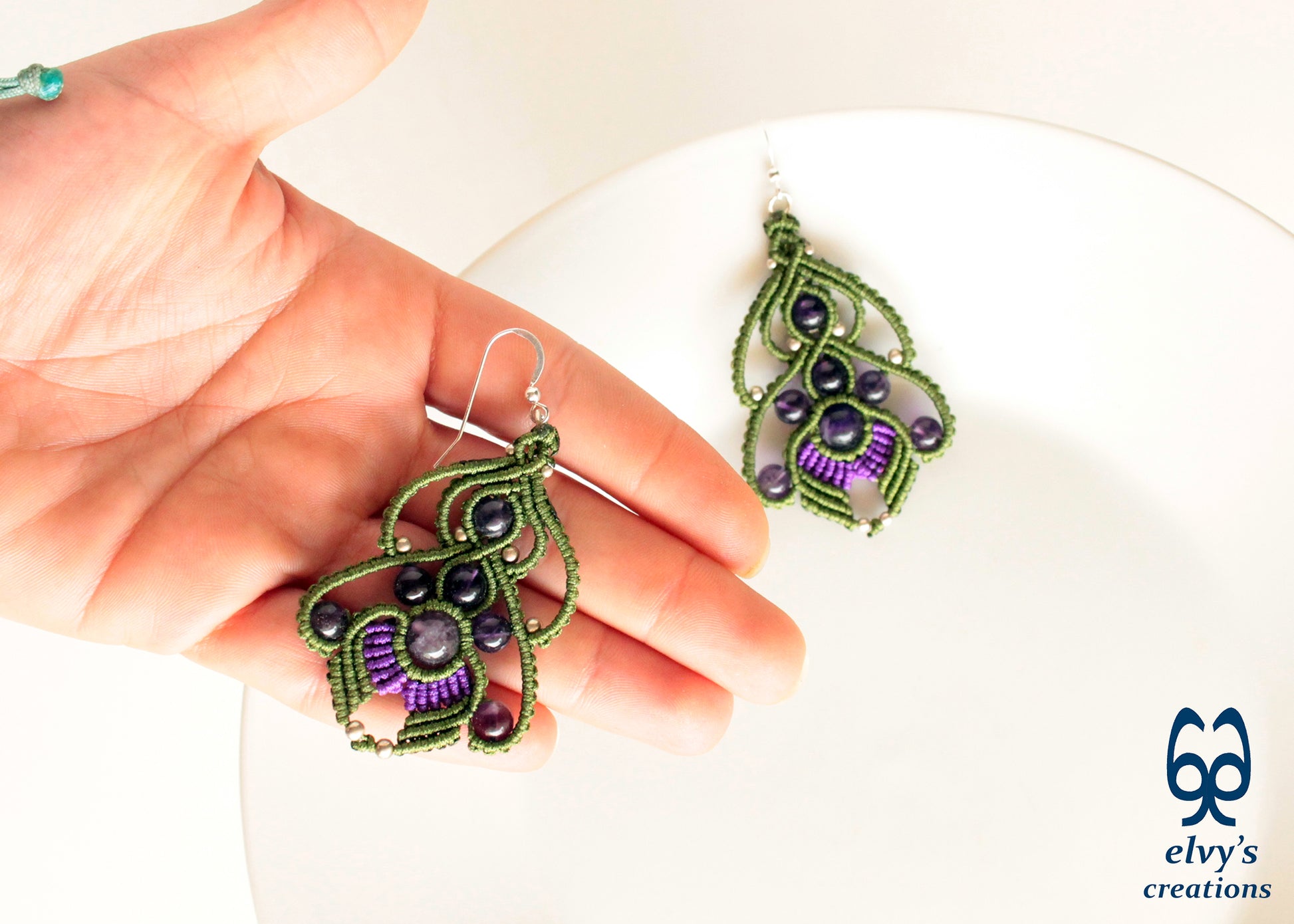 Handmade Macrame Earrings Green and Purple Macrame Earrings with Amethyst Gemstones 