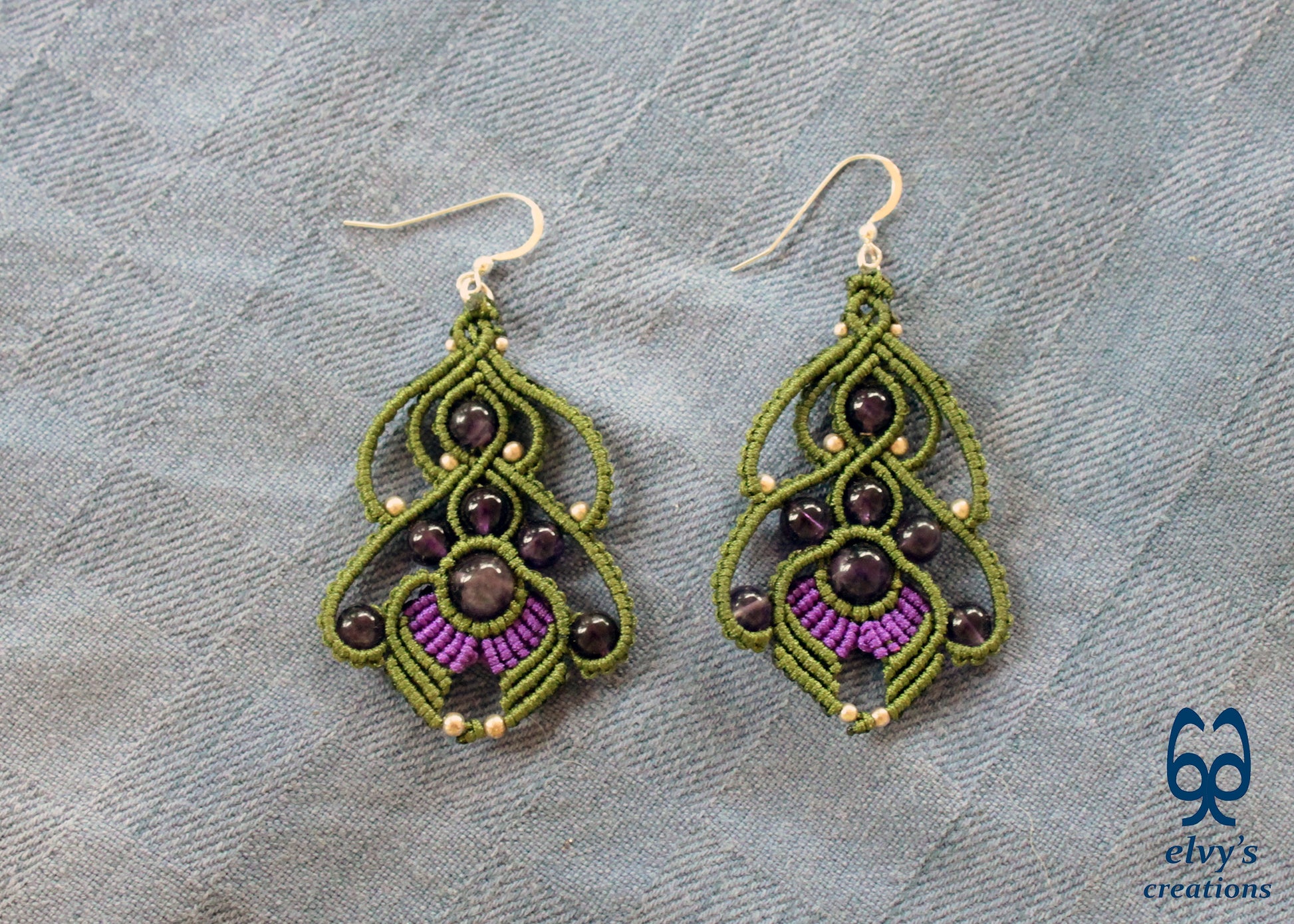 Amethyst Handmade Macrame Dangle Earrings, Silver Dangle Earrings, Birthday Gift for Her