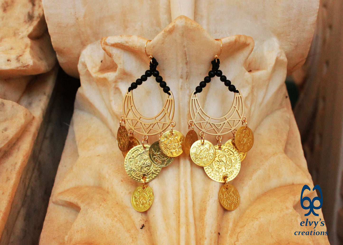 Gold Macrame Earrings with Onyx Gemstones Gypsy Earrings with Coins Boho Dangle with Coins, Μακραμέ Σκουλαρίκια με Χρυσά Φλουριά και Κρυστάλλους Όνυχα