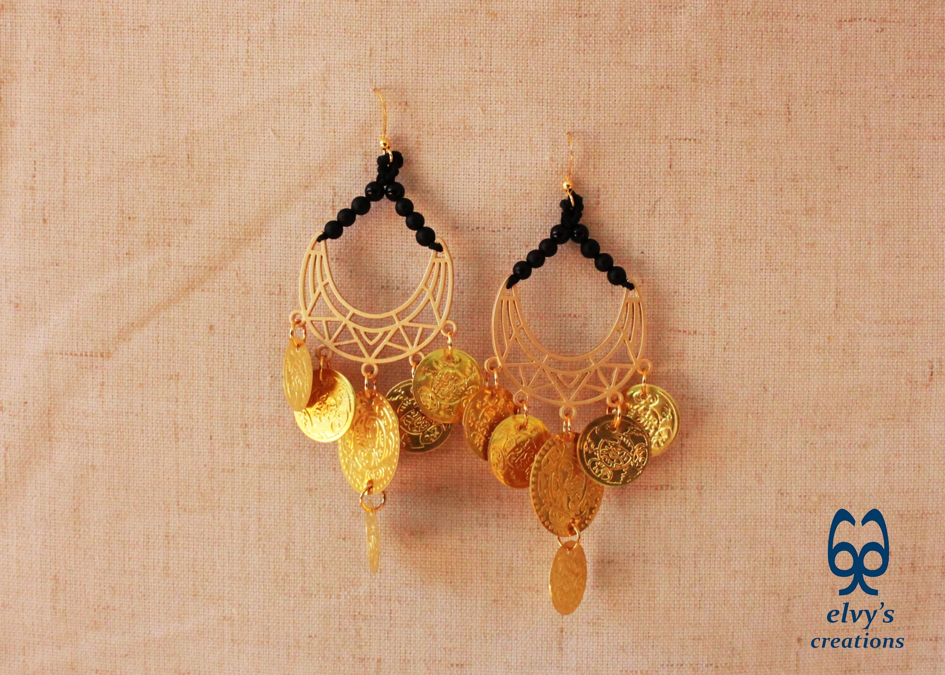 Gold Macrame Earrings with Onyx Gemstones Gypsy Earrings with Coins Boho Dangle with Coins, Μακραμέ Σκουλαρίκια με Χρυσά Φλουριά και Κρυστάλλους Όνυχα