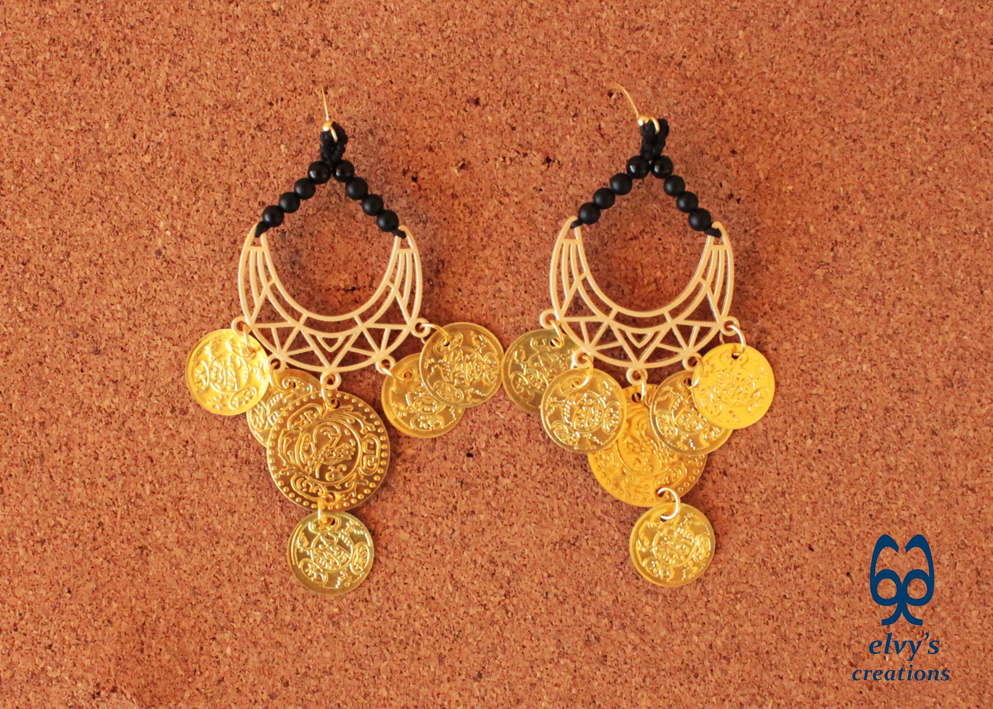 Gold Macrame Earrings with Onyx Gemstones Gypsy Earrings with Coins Boho Dangle with Coins, Μακραμέ Σκουλαρίκια με Χρυσά Φλουριά και Κρυστάλλους Όνυχα