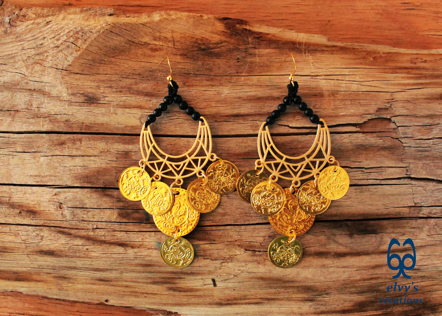 Gold Macrame Earrings with Onyx Gemstones Gypsy Earrings with Coins Boho Dangle with Coins, Μακραμέ Σκουλαρίκια με Χρυσά Φλουριά και Κρυστάλλους Όνυχα