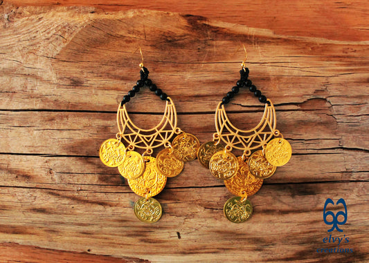 Gold Macrame Earrings with Onyx Gemstones Gypsy Earrings with Coins Boho Dangle with Coins, Μακραμέ Σκουλαρίκια με Χρυσά Φλουριά και Κρυστάλλους Όνυχα