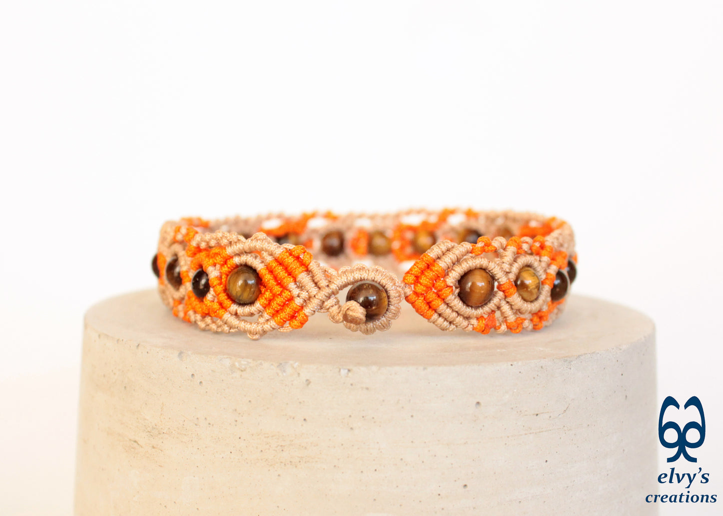 Beige and Orange Macrame Anklet with Natural Tiger Eye Boho Beaded Cuff Anklet Bracelet for Women 