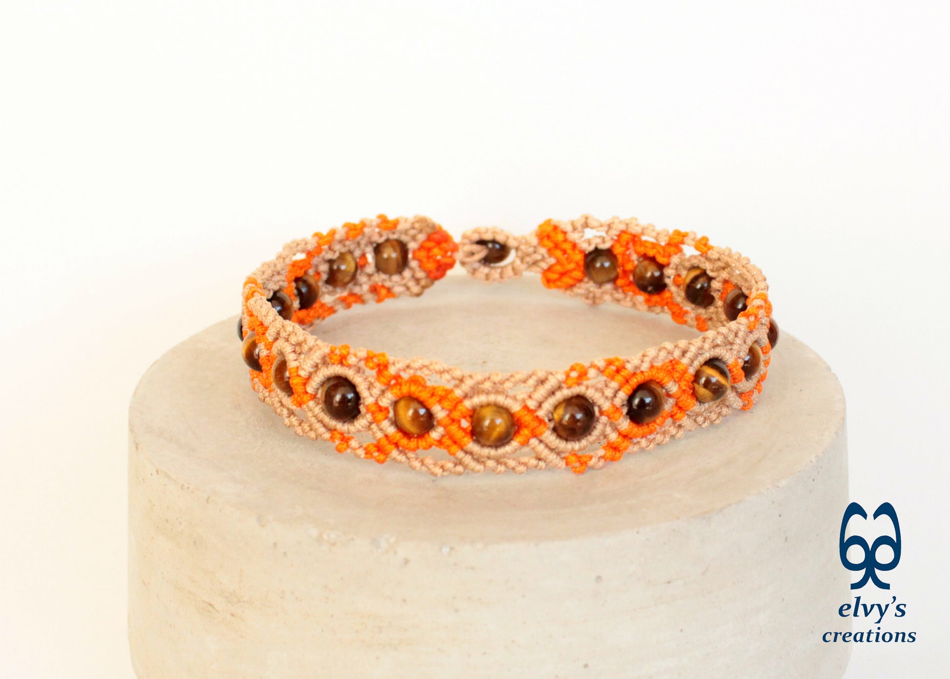 Beige and Orange Macrame Anklet with Natural Tiger Eye Boho Beaded Cuff Anklet Bracelet for Women 