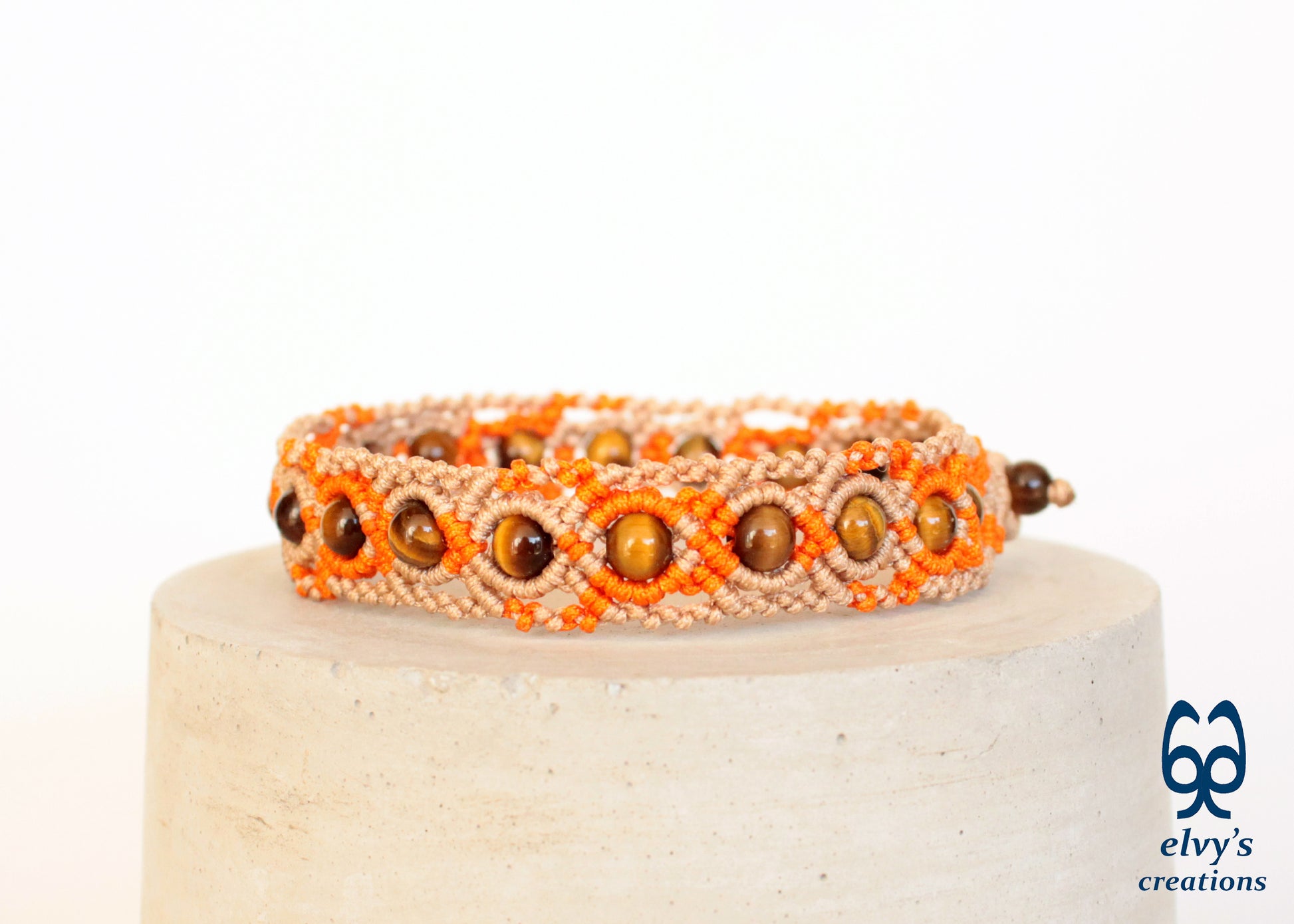 Beige and Orange Macrame Anklet with Natural Tiger Eye Boho Beaded Cuff Anklet Bracelet for Women 