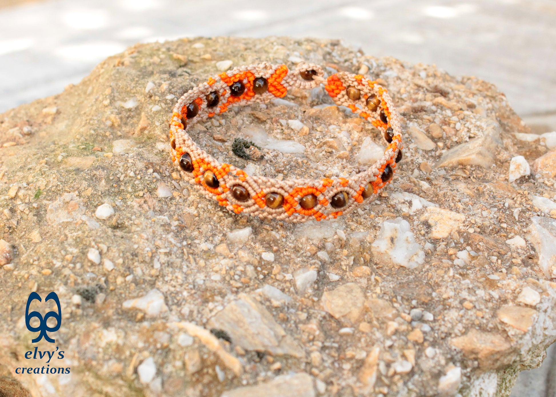 Beige and Orange Macrame Anklet with Natural Tiger Eye Boho Beaded Cuff Anklet Bracelet for Women 