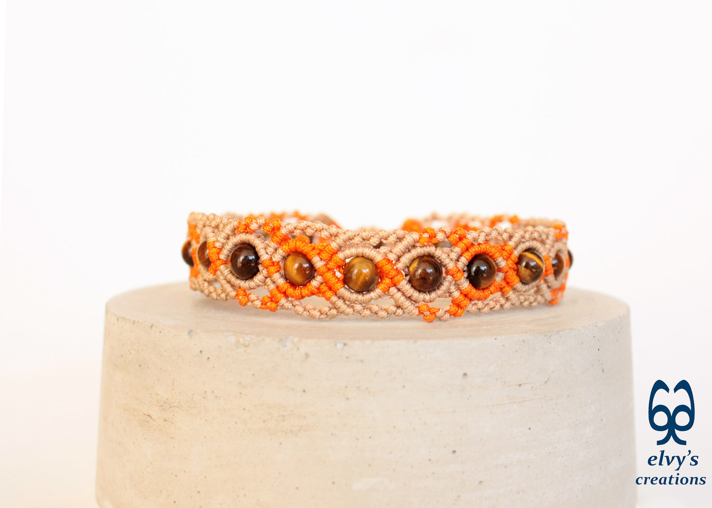 Beige and Orange Macrame Anklet with Natural Tiger Eye Boho Beaded Cuff Anklet Bracelet for Women 