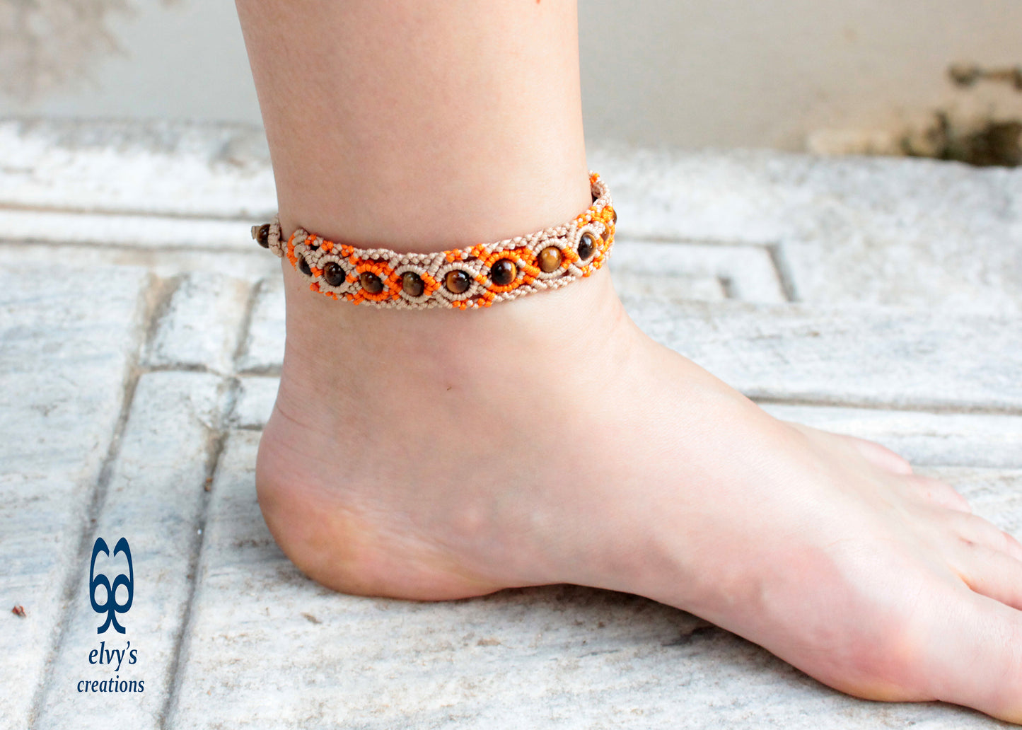 Beige and Orange Macrame Anklet with Natural Tiger Eye Boho Beaded Cuff Anklet Bracelet for Women 