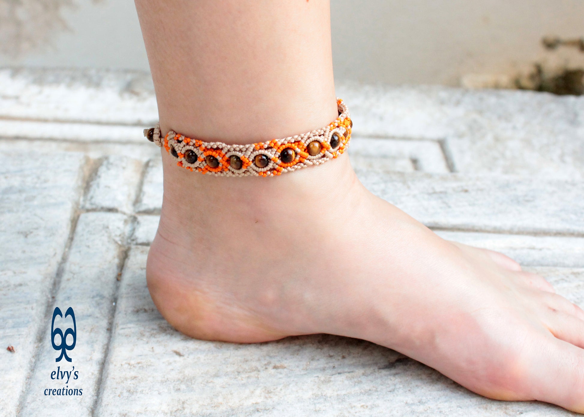 Beige and Orange Macrame Anklet with Natural Tiger Eye Boho Beaded Cuff Anklet Bracelet for Women 