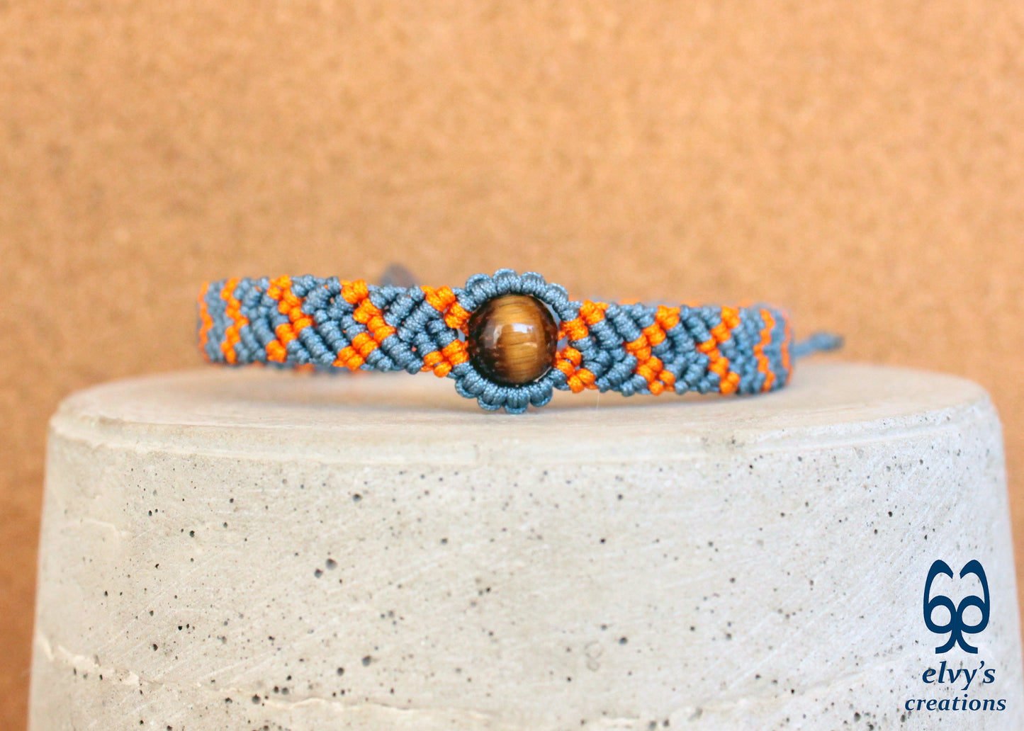 Orange Macrame Bracelet with Tiger Eye Gemstone