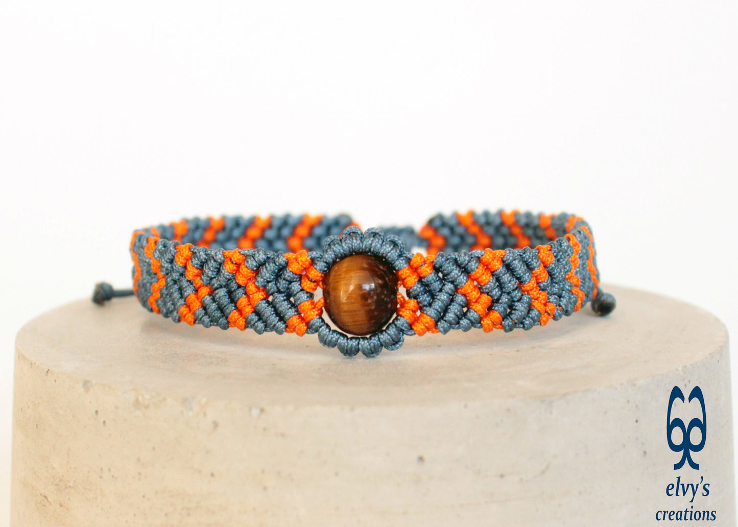 Orange and Gray Bracelet for Man with Tiger Eye Natural Gem Fathers Day Present Adjustable Beaded Cuff Anklet for Women