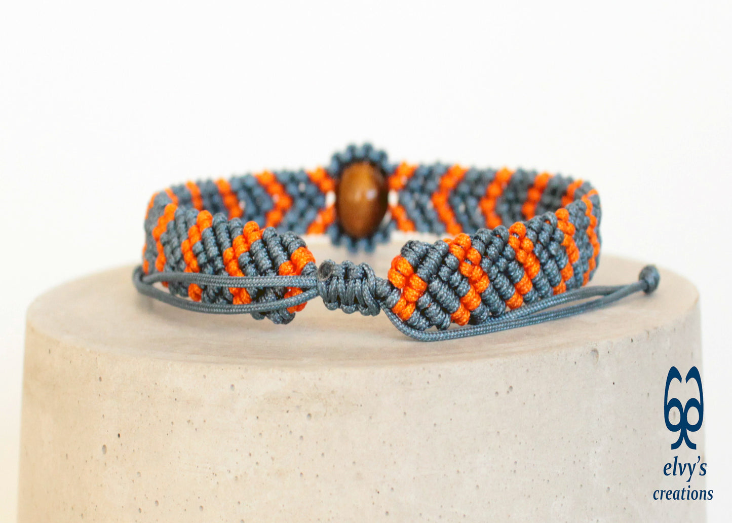 Orange and Gray Bracelet for Man with Tiger Eye Natural Gem Fathers Day Present Adjustable Beaded Cuff Anklet for Women