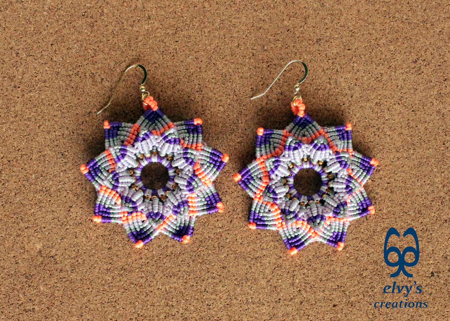 Mandala Flower Macrame Earrings, Silver Beaded Gemstone Earrings, Gift for Women