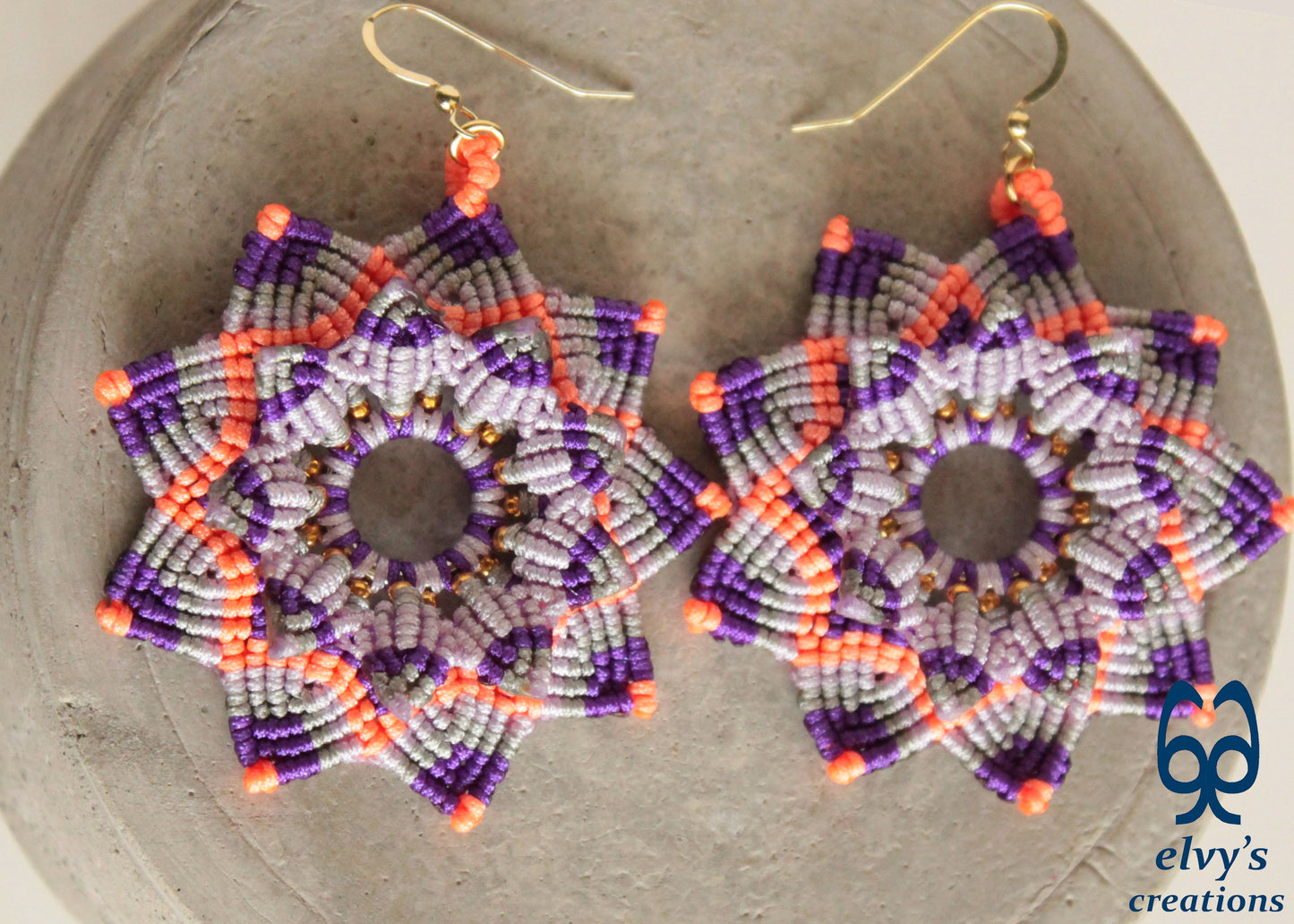 Mandala Flower Macrame Earrings, Silver Beaded Gemstone Earrings, Gift for Women