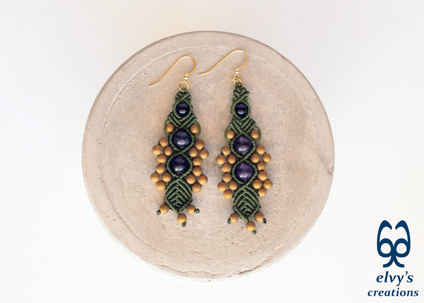 Olive Green Macrame Beaded Earrings Purple Amethyst Gold Hematite Macrame Natural Beaded Boho Earrings for Women