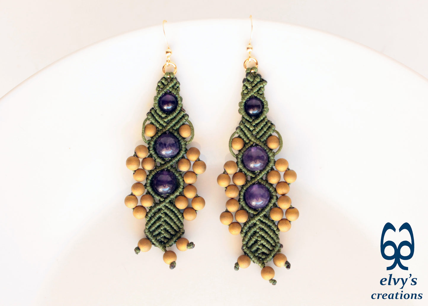 Olive Green Macrame Beaded Earrings Purple Amethyst Gold Hematite Macrame Natural Beaded Boho Earrings for Women