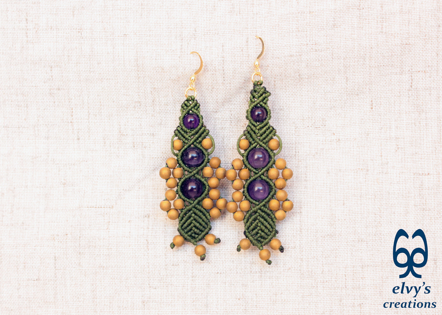 Olive Green Macrame Beaded Earrings Purple Amethyst Gold Hematite Macrame Natural Beaded Boho Earrings for Women